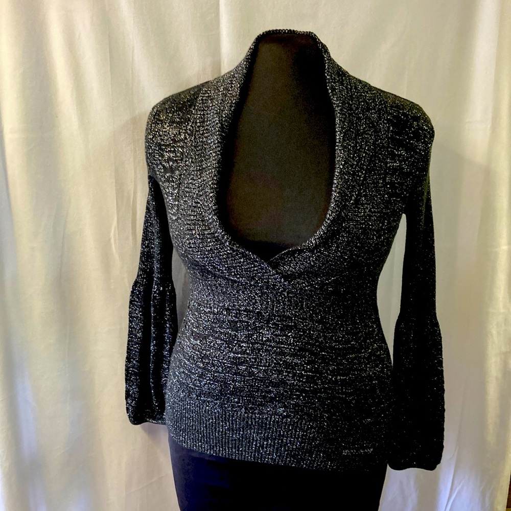 Unique sparkle knit, low cut mutton sleeve DKNY sweater